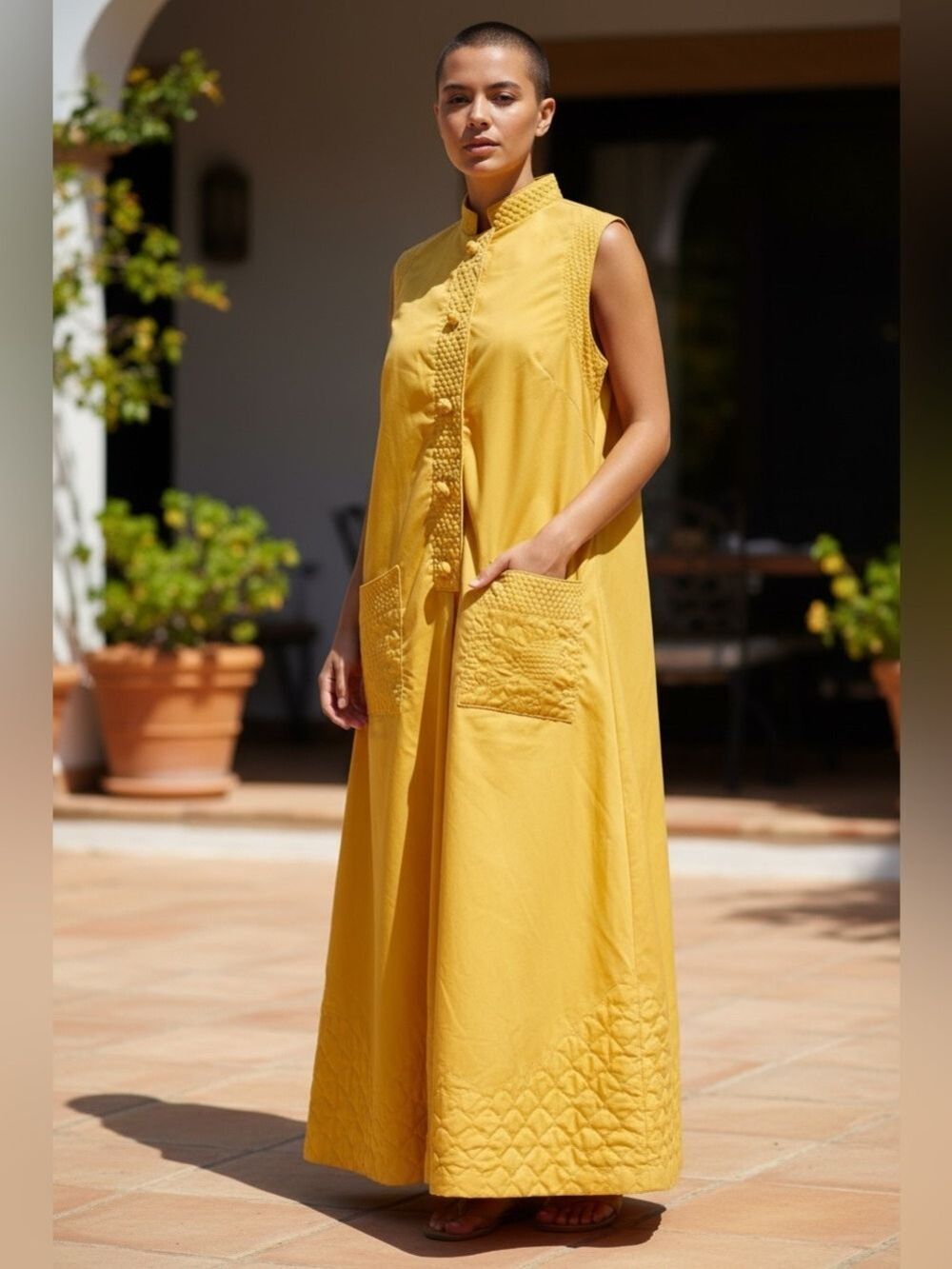 70s CHARLES & CO KIROWAY MAXI HOUSE DRESS GOLDEN YELLOW QUILTED ASIAN INSPIRED S